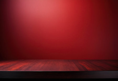 Empty wooden table and red wall background. For product display montageの素材