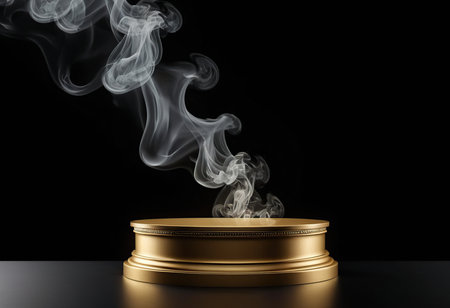 Golden pedestal with smoke on black background. 3D illustration.の素材