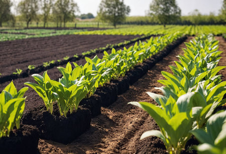 Agricultural field with young green corn plants. Agricultural concept.の素材