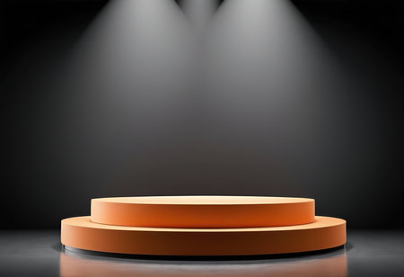 Round podium in dark room with spotlights. Vector mock up.の素材