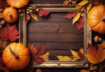 Autumn background with pumpkins, leaves and berries on wooden boardの素材