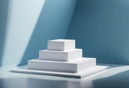 3d render of white podium in blue room. Abstract background.の素材
