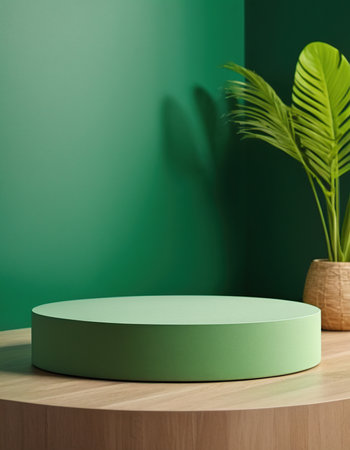 Green round podium in green room with palm leaf, 3d renderの素材