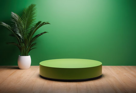 Green podium and plant on wooden floor in green room. 3D renderingの素材