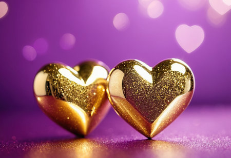 Two gold hearts on purple background with bokeh. Valentine's day concept.の素材