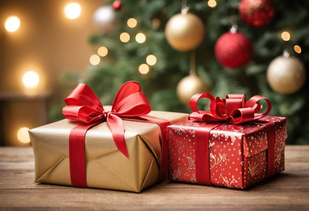 Gift boxes with red ribbons on the background of the Christmas treeの素材