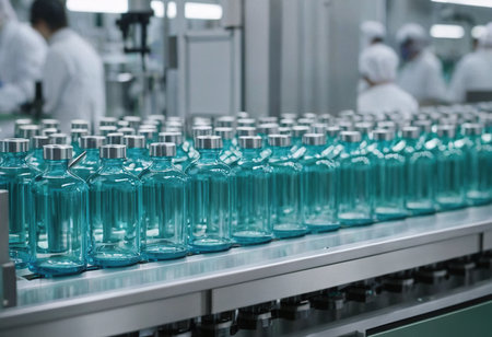 Plastic bottles on a conveyor belt in a pharmaceutical factory.の素材