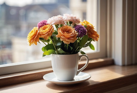 Bouquet of colorful flowers in a white cup on the windowsillの素材