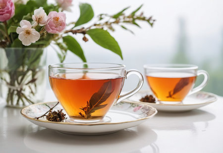 Cup of tea on the table with flowers in the background.の素材