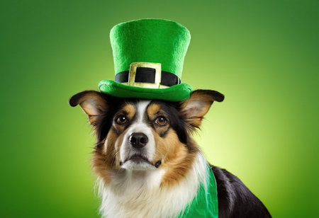 Cute border collie wearing a green leprechaun hatの素材