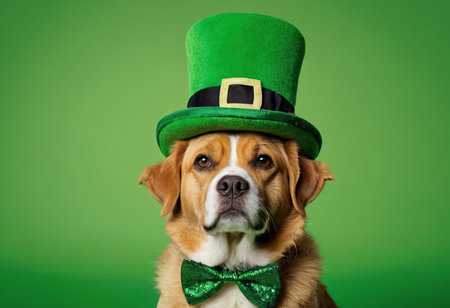 Portrait of a Beagle dog wearing a green leprechaun hat and bow tie with green backgroundの素材