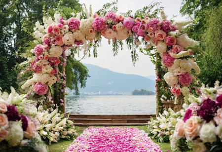 Wedding arch decorated with flowers and greenery on the lakeの素材