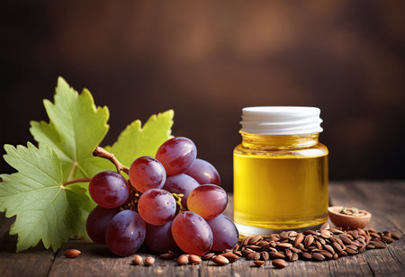 Grape seed oil in a bottle and fresh grapes on wooden tableの素材