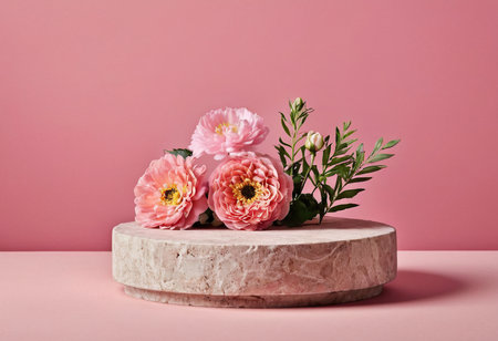 White marble podium with pink ranunculus flowers on pink background. Minimal style.の素材