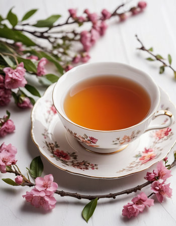 Cup of tea with cherry blossom branches on white wooden backgroundの素材