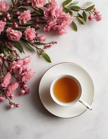 Cup of tea with cherry blossom branch on white marble backgroundの素材