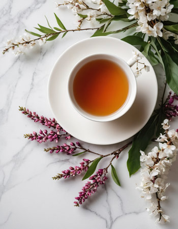 Cup of tea with flowers on white marble background. Flat lay, top viewの素材