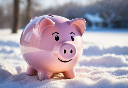 Piggy bank in the snow with happy face on it.の素材