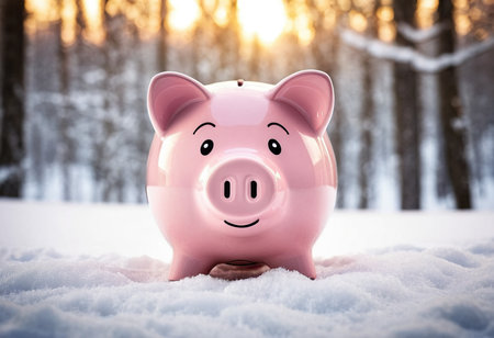 Pink piggy bank in the snow on a background of a winter forestの素材