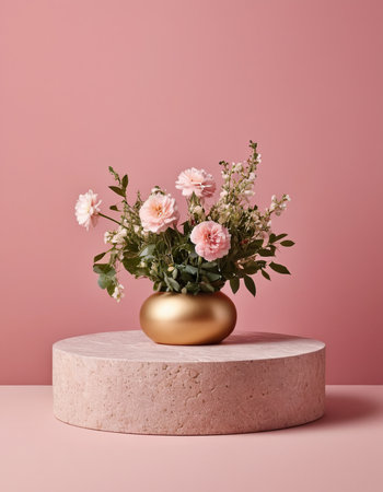 3d render of golden vase with flowers on pink background. Minimal compositionの素材