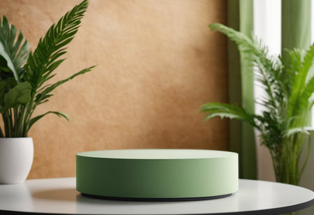 Green round pedestal on table in room. Mockup for designの素材