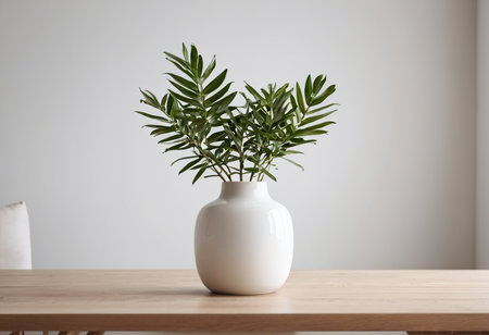 Vase with houseplant on wooden table against white wall background.の素材