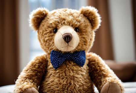 Teddy bear with blue bow tie sitting on the floor at homeの素材