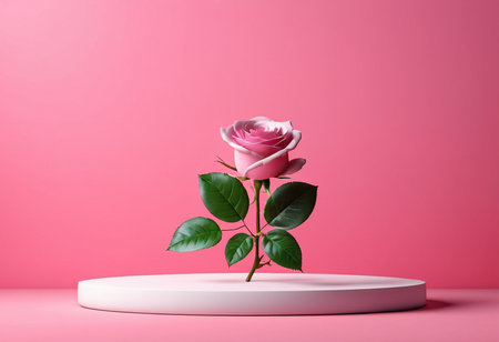 pink rose on podium on pink background with copy space. 3d renderの素材