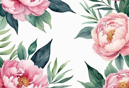 Watercolor peony flowers with green leaves. Floral background.の素材