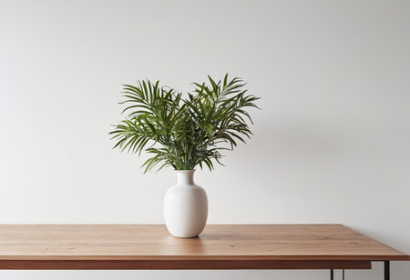 Vase with plant on wooden table against white wall. Interior designの素材