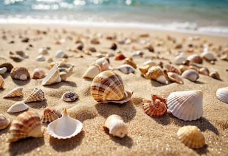 Seashells on the sandy beach. Summer vacation concept.の素材