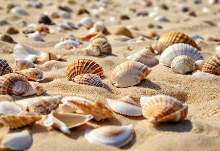 Seashells on the sandy beach of the Mediterranean Sea.の素材