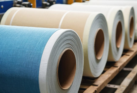 Paper rolls in a textile factory. Textile industry. industrial backgroundの素材