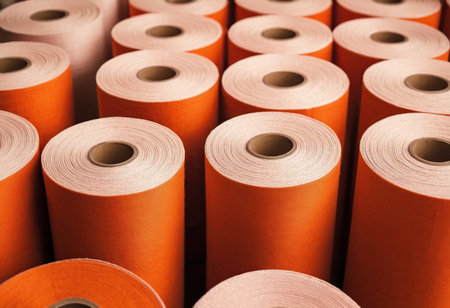 Rolls of orange paper in a textile factory, close-upの素材