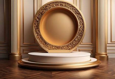 Round golden pedestal in classic interior. 3D rendered illustration.の素材