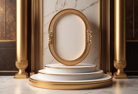 Podium with gold frame in luxury interior. 3D render.の素材