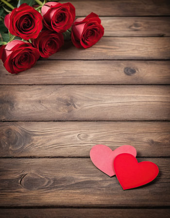 Red roses and heart on wooden background. Valentines day background.の素材