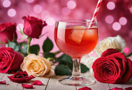 Glass of red cocktail with orange and rose flowers on bokeh backgroundの素材
