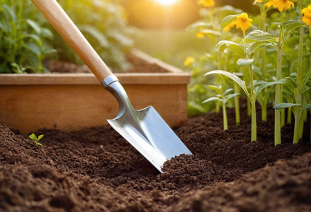 Gardening tools in the garden. Gardening concept background.の素材