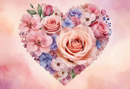Heart shape made of pink and blue flowers on watercolor background.の素材