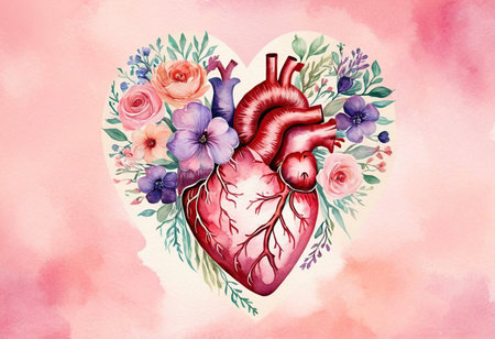 Watercolor illustration of a human heart with flowers and leaves in the shape of a heart.の素材