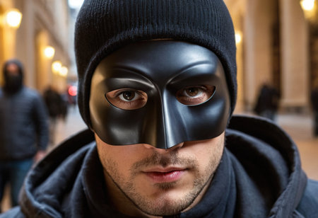 Masked man in the city, wearing a mask with a hoodの素材