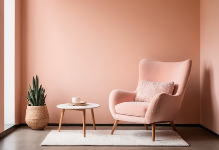 Modern living room interior with pink armchair, coffee table and plantの素材