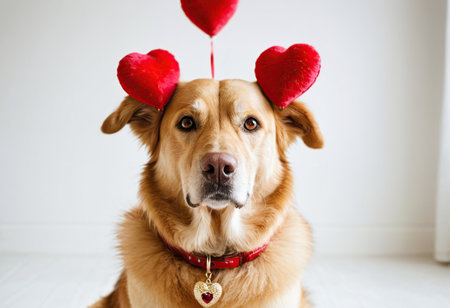 Labrador retriever dog wearing red heart-shaped valentines decorationの素材