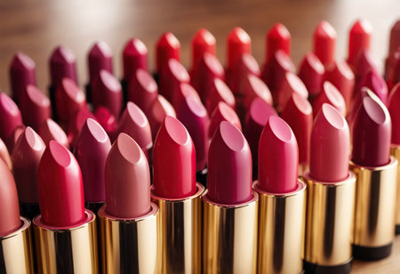 Lipsticks in a row on a wooden table, close-upの素材