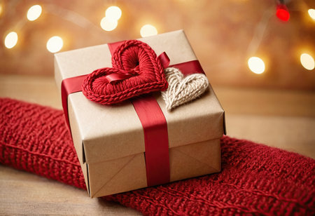Gift box with red ribbon on a wooden table with bokeh backgroundの素材