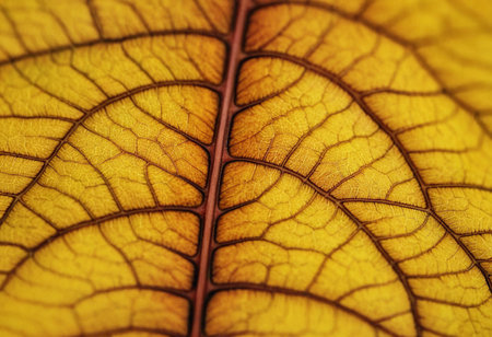 Close up of yellow leaf texture background. Macro shot with shallow DOF.の素材