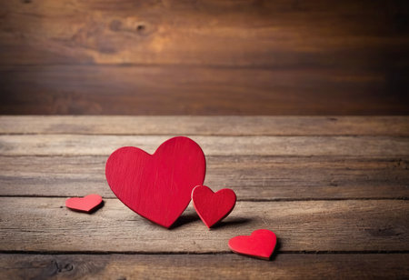 Valentines day background with red hearts on old wooden table.の素材