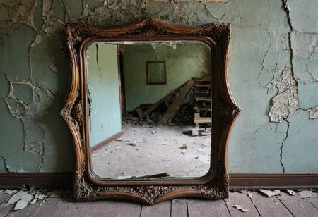 Old broken mirror in an abandoned room, interior of an abandoned houseの素材