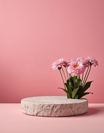 3d render of white marble podium with pink flowers on pink backgroundの素材
